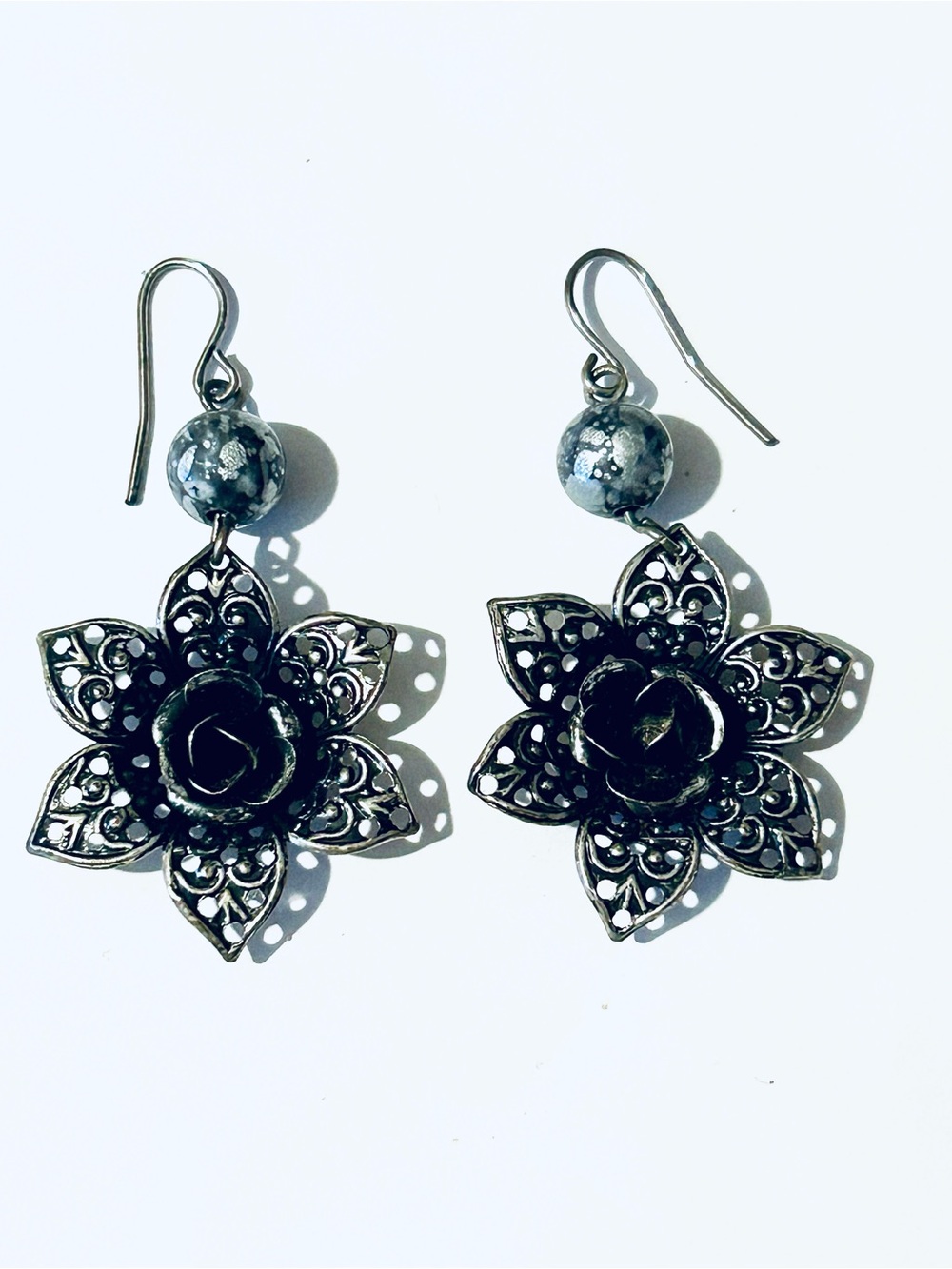 Floral Filigree Drop Earrings in Antique Silver, Women’s Jewelry